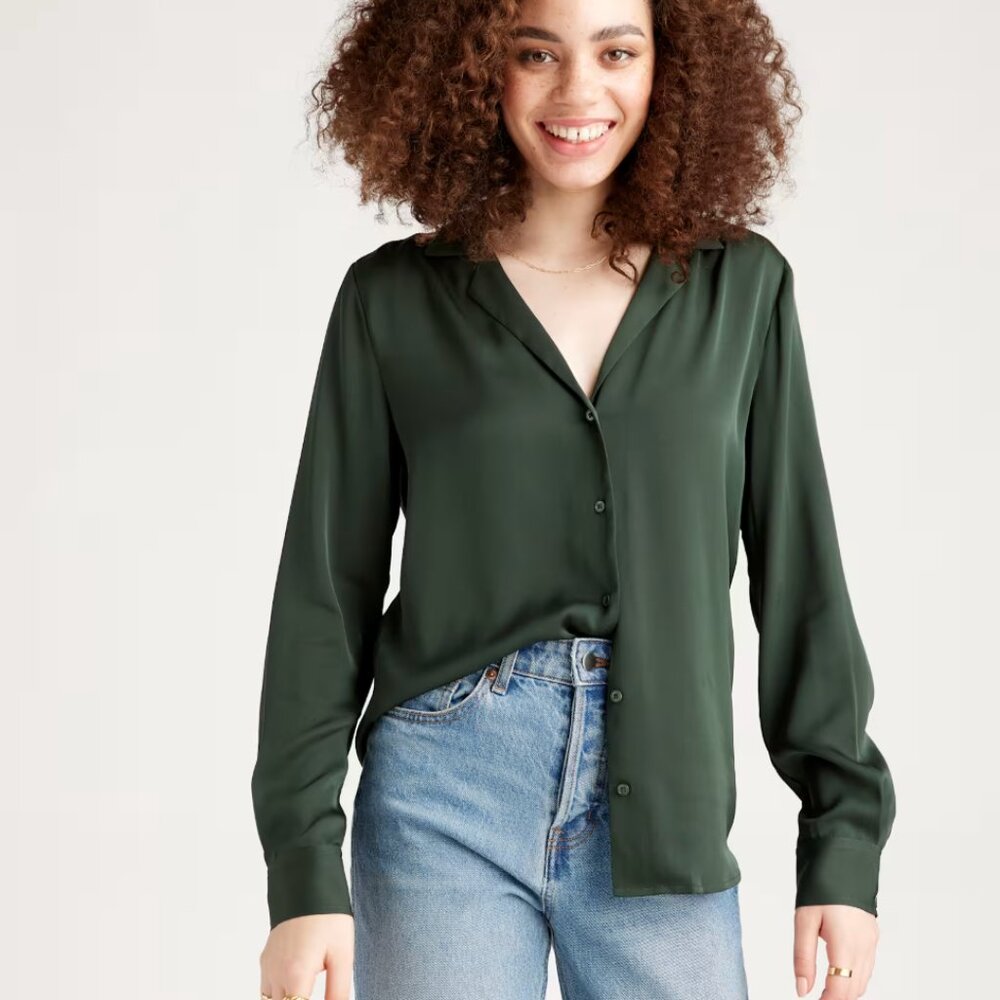 Quince Washable Stretch Silk Notch Collar Blouse, Forest Green
